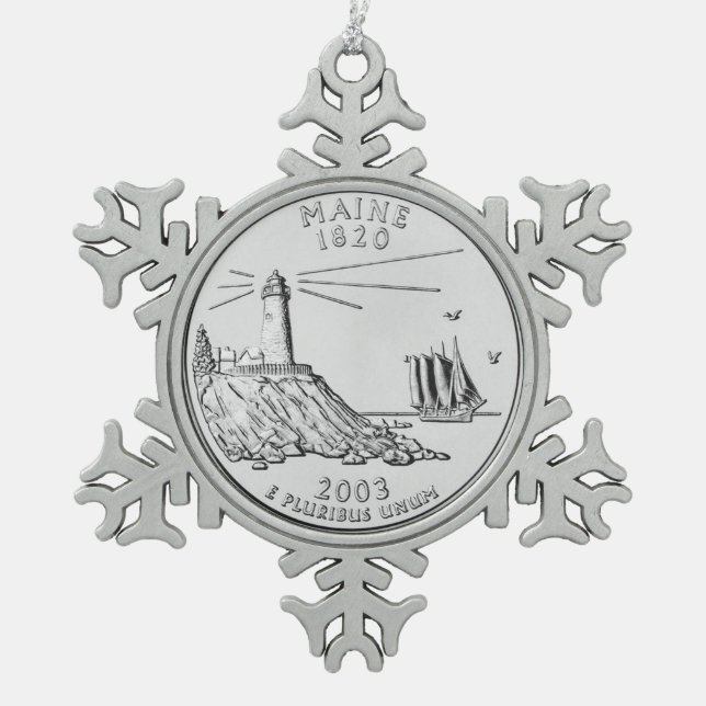 Maine State Quarter Snowflake Pewter Christmas Ornament (Front)