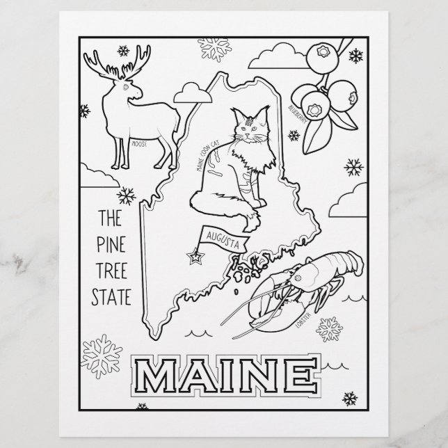 maine state shape and facts colouring page (Front)