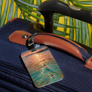 Maine Sunset Swimmers Oil Painting Aerial Coastal Luggage Tag