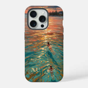 Maine Swimmers Sunset Oil Painting Monogram iPhone 15 Pro Case