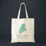 Maine Wedding Welcome Tote Bag<br><div class="desc">Welcome out of town wedding guests with a bag full of snacks and treats personalized with the state where you're getting married and the bride and groom's names and wedding date. Click Customize It to move the heart to show any city or location on the state map. Use the design...</div>