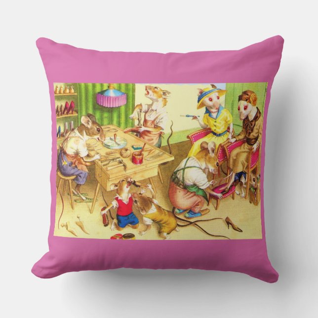 Mainzer mice cobblers and shoe store print throw pillow (Front)