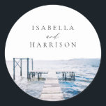 MAIRI Lake Pier Destination Watercolor Wedding Classic Round Sticker<br><div class="desc">This wedding sticker features a watercolor painting of a peaceful lake pier. This sticker makes the perfect addition to your lake themed wedding or any other special event.</div>