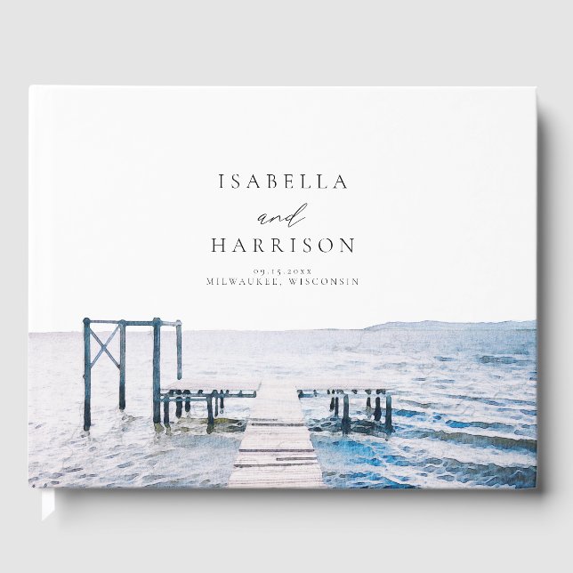 MAIRI Lake Pier Destination Watercolor Wedding Guest Book (Front)