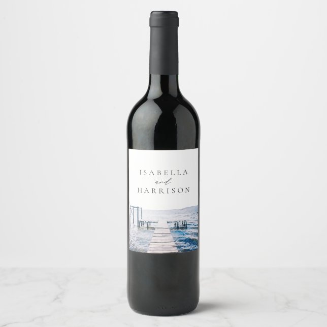 MAIRI Lake Pier Destination Watercolor Wedding Wine Label (Front)