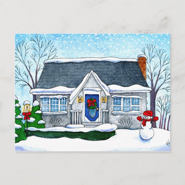 Maison de Noël mignonne, bonhomme de neige, carte  (Devant)