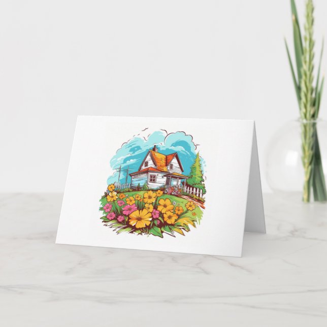 Maison de Ranch avec fleurs d'été Carte vierge (Devant)