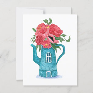 Maison de thé bleu avec carte postale de fleurs ro