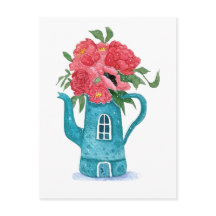 Maison de thé bleu avec carte postale de fleurs ro