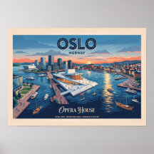 Maison d'opéra d'Oslo Affiche de voyage vintage -