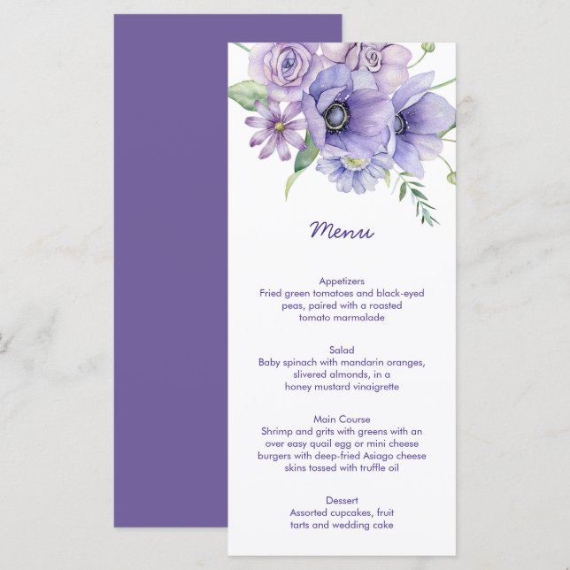 Maisonnettes violettes, Anémones, Menu Floral Rose (Devant / Derrière)