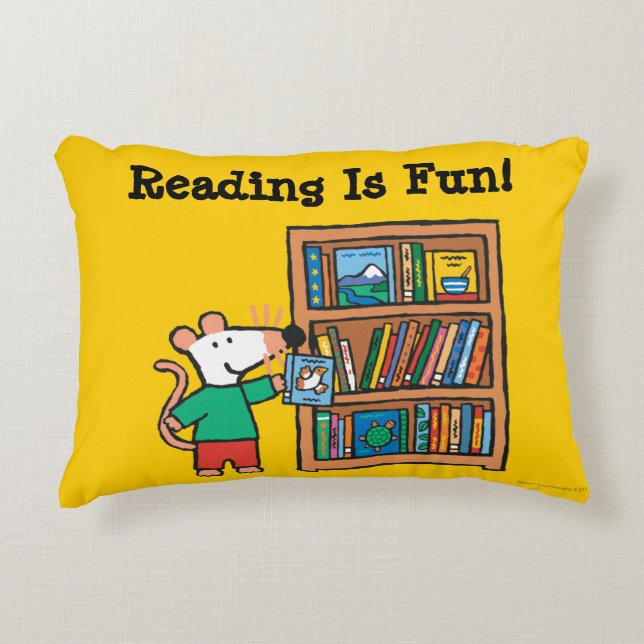 Maisy and a Bookshelf of Books Decorative Pillow (Front)