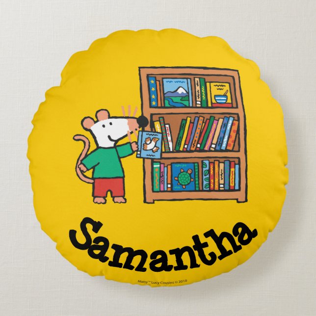 Maisy and a Bookshelf of Books Round Pillow (Front)