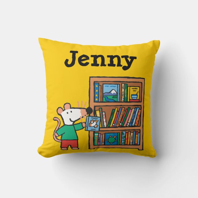 Maisy and a Bookshelf of Books Throw Pillow (Front)