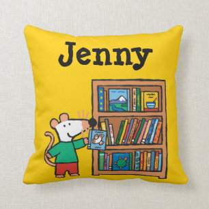 Maisy and a Bookshelf of Books Throw Pillow