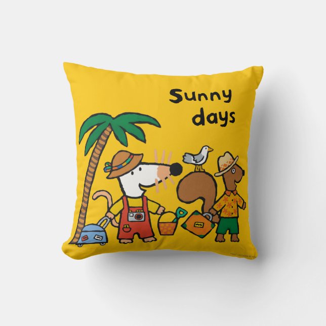 Maisy and Cyril with Palm Tree at the Beach Throw Pillow (Front)