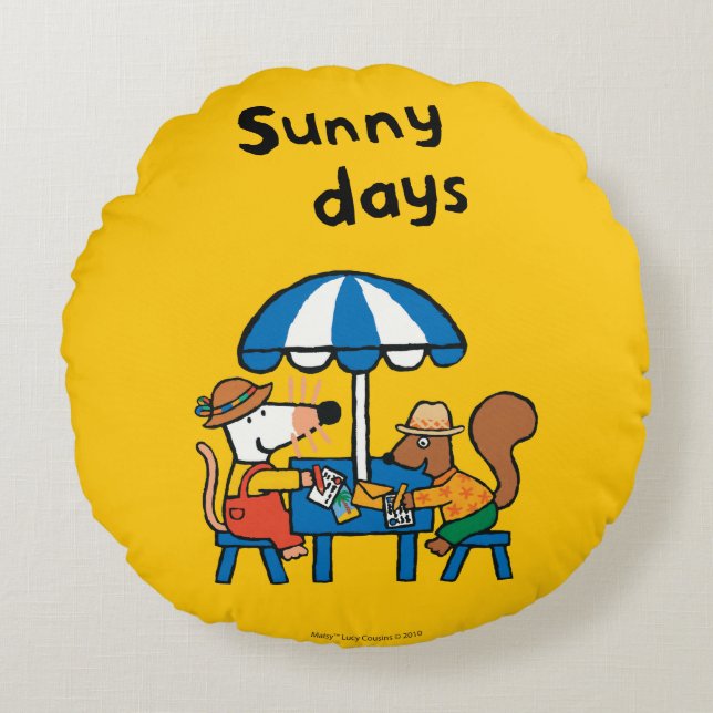 Maisy Writes Postcards under Blue Umbrella Round Pillow (Front)