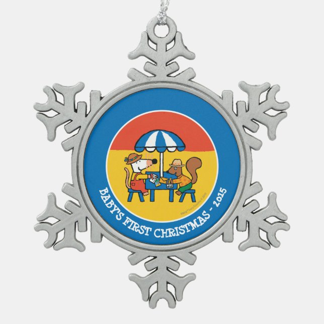 Maisy Writes Postcards under Blue Umbrella Snowflake Pewter Christmas Ornament (Front)