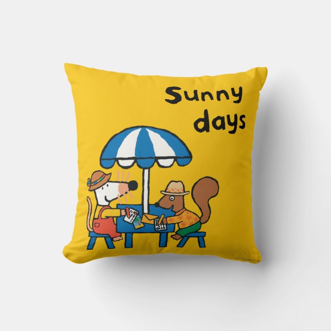 Maisy Writes Postcards under Blue Umbrella Throw Pillow (Front)