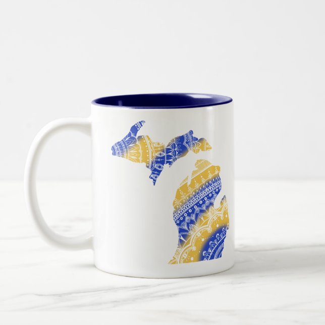 Maize and Blue by Michigan Mandala Two-Tone Coffee Mug (Left)