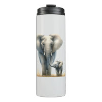 Majestic African Elephant and Baby in Watercolor 