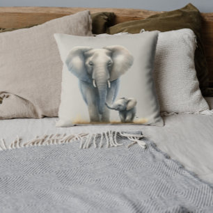 Majestic African Elephant and Baby in Watercolor  Throw Pillow