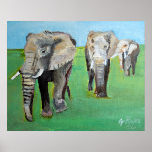 Majestic African Elephants Oil Painting Poster