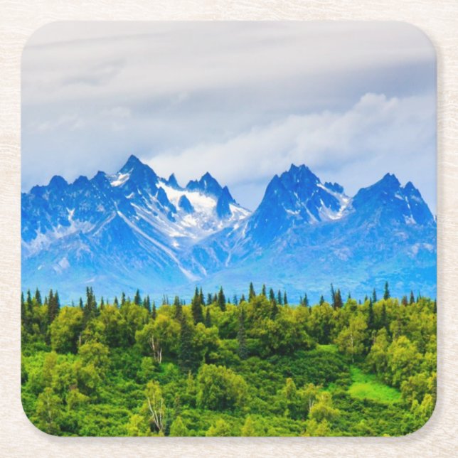 Majestic Alaska Mountains Square Paper Coaster (Front)