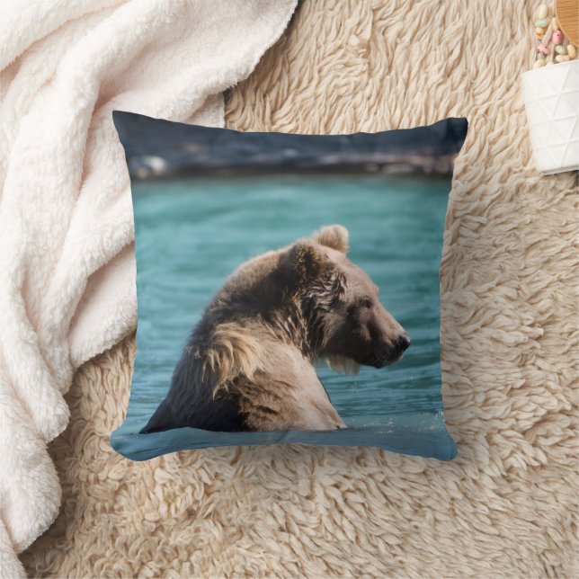 Majestic Alaskan Brown Bear Throw Pillow (Blanket)