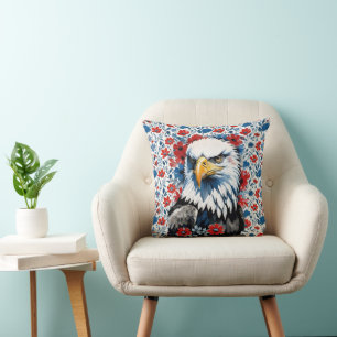 Majestic American Bald Eagle Floral Throw Pillow