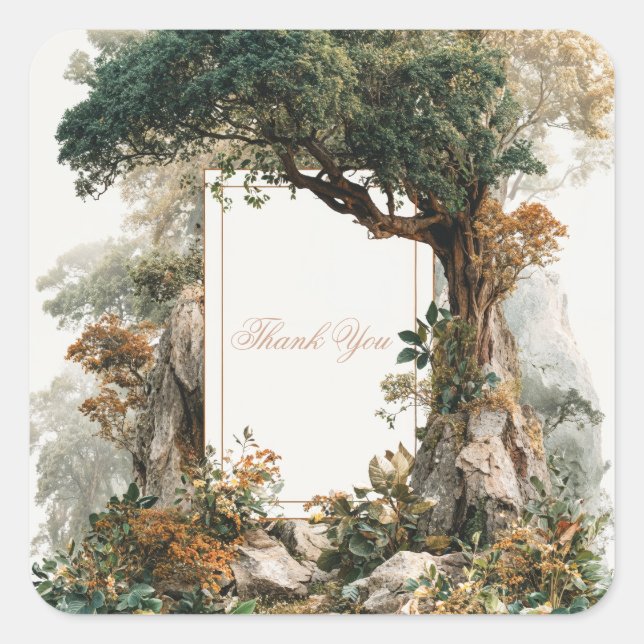 Majestic Ancient Tree Rocky Forest Gold Frame Square Sticker (Front)