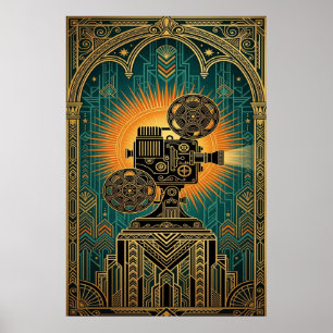 Majestic Art Deco Vintage Film Projector Gold Poster