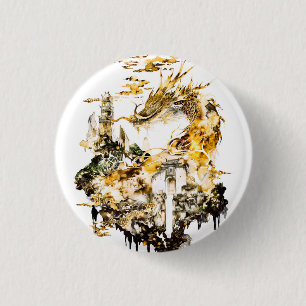 Majestic Asian Mythology Dragon Temple Fantasy 1 Inch Round Button