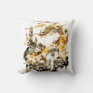 Majestic Asian Mythology Dragon Temple Fantasy Throw Pillow