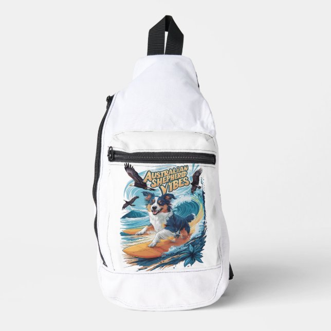 Majestic Australian Shepherd Dog Surfing the Crest Sling Bag (Front)