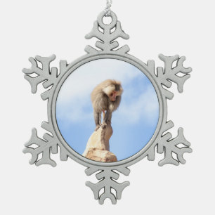 Majestic Baboon on Mountain Peak Snowflake Pewter Christmas Ornament