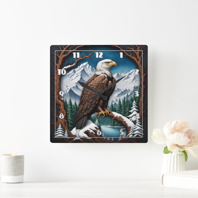Majestic Bald Eagle Over Snowy Mountain Lake Square Wall Clock (Home)