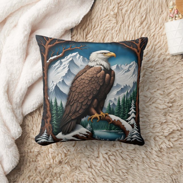 Majestic Bald Eagle Over Snowy Mountain Lake Throw Pillow (Blanket)