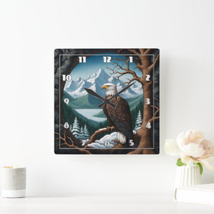 Majestic Bald Eagle Overlooking Mountain Lake Square Wall Clock