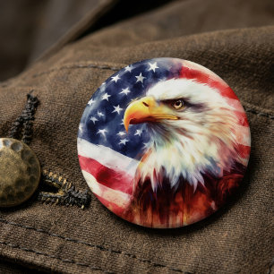 Majestic Bald Eagle Portrait with American Flag 6 Inch Round Button
