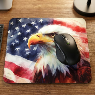 Majestic Bald Eagle Portrait with American Flag Mouse Pad
