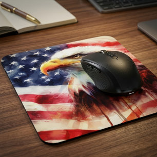 Majestic Bald Eagle Portrait with American Flag Mouse Pad