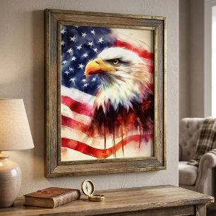 Majestic Bald Eagle Portrait with American Flag Photo Print