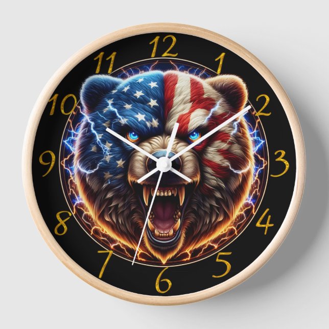 Majestic Bear Proudly Wearing American Flag Clock (Front)
