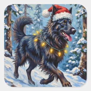 Majestic Belgian Shepherd Snow Forest Christmas Square Sticker