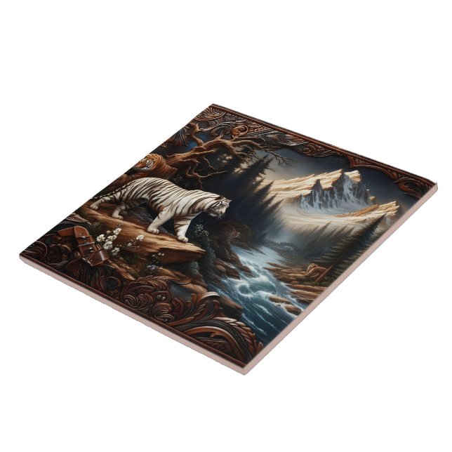 Majestic Bengal Tigers in Mountain Landscape Tile (Side)