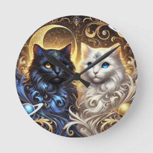 Majestic Black and White Cats  Round Clock