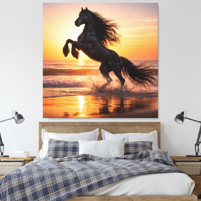 Majestic Black Friesian Horse Sunset Ocean  Canvas Print (Insitu(Bedroom))