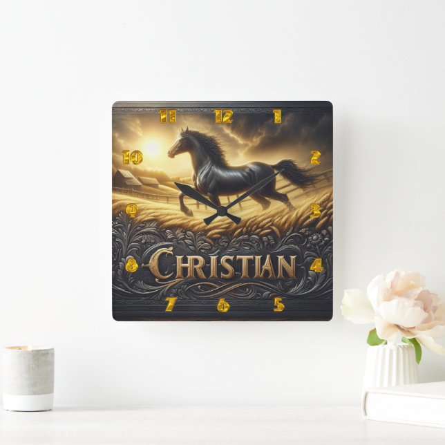 Majestic Black Horse Galloping at Sunrise Square Wall Clock (Home)