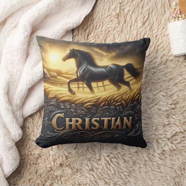 Majestic Black Horse Galloping at Sunrise Throw Pillow (Blanket)